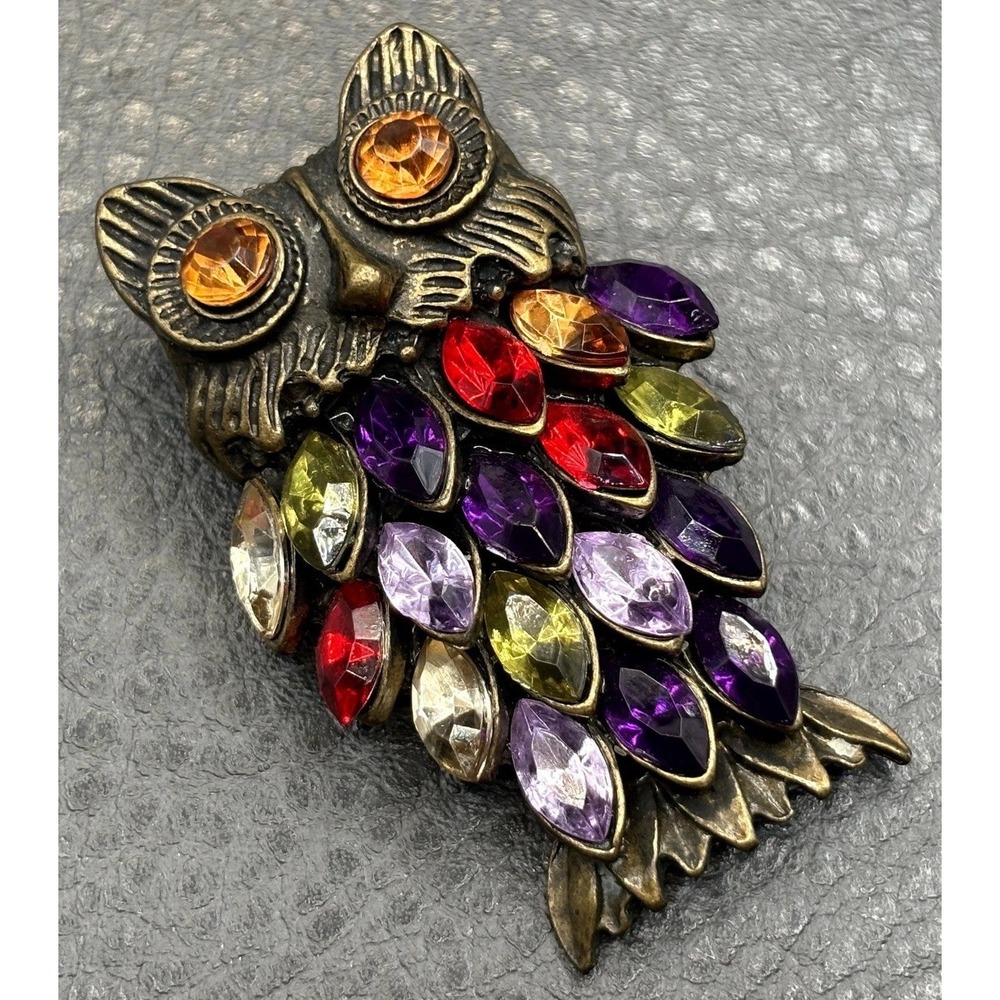 Vintage Roman Owl Brooch Multicolor Rhinestone Pin Brass Tone